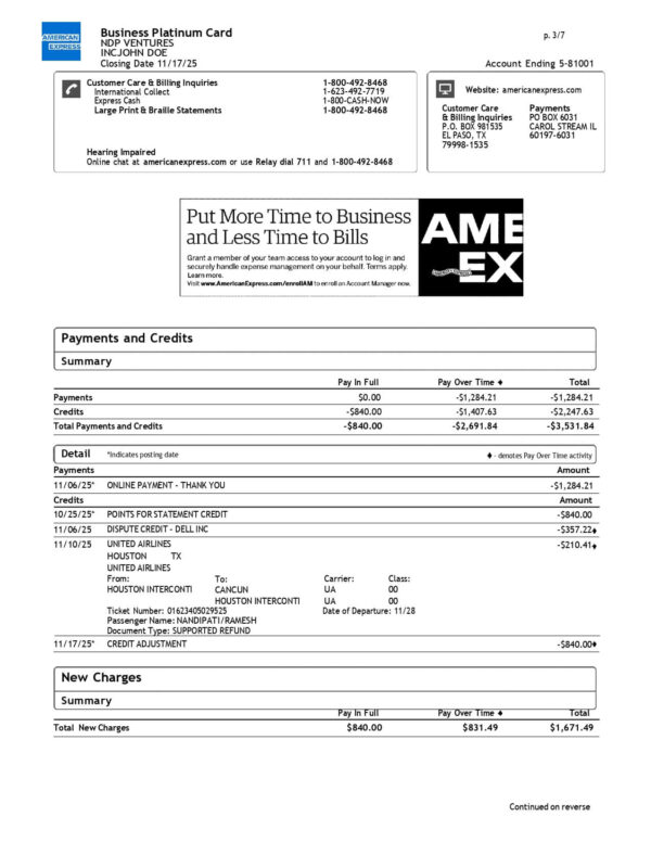 AMEX Business Platinium Card Statement