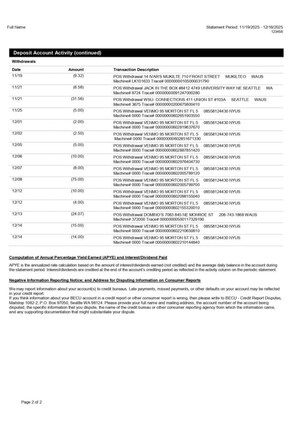 BECU Bank Statement