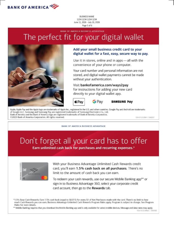 Bank of America Business Advantage Unlimited Cash Rewards Account Summary Bank of America Business Advantage Unlimited Cash Rewards Account Summary