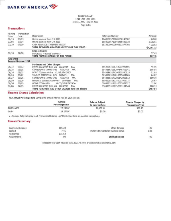 Bank of America Business Advantage Unlimited Cash Rewards Account Summary