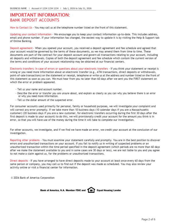 Bank of America Business Statement - Advantage Fundamentals™ Banking