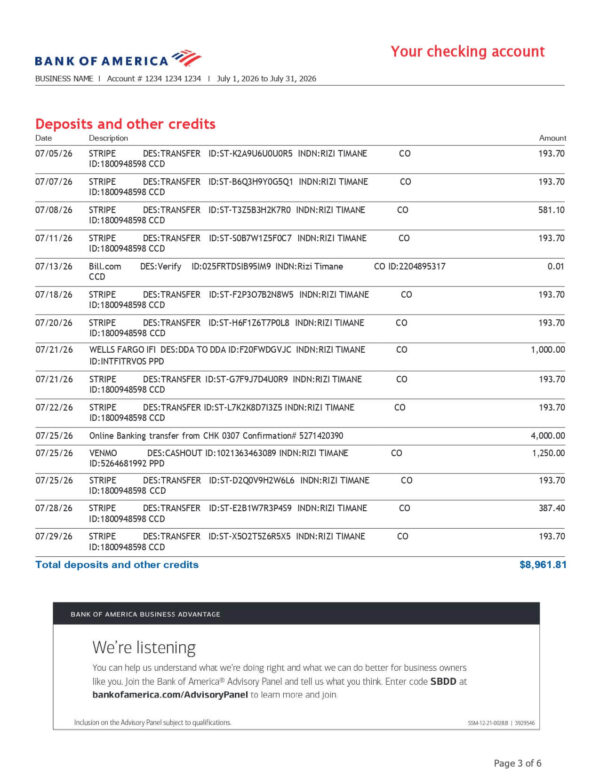Bank of America Business Statement - Advantage Fundamentals™ Banking