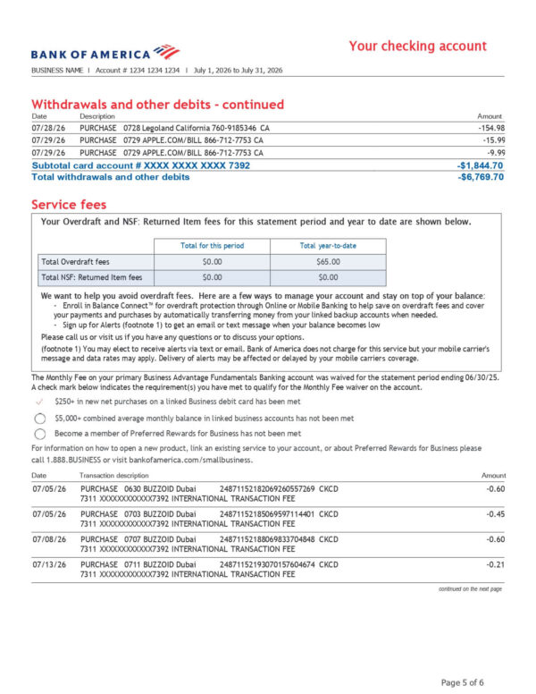 Bank of America Business Statement - Advantage Fundamentals™ Banking