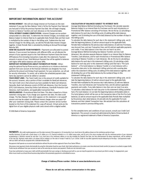 Bank of America Credit Card Statement