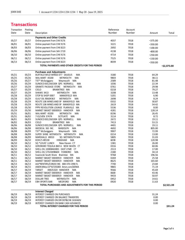 Bank of America Credit Card Statement