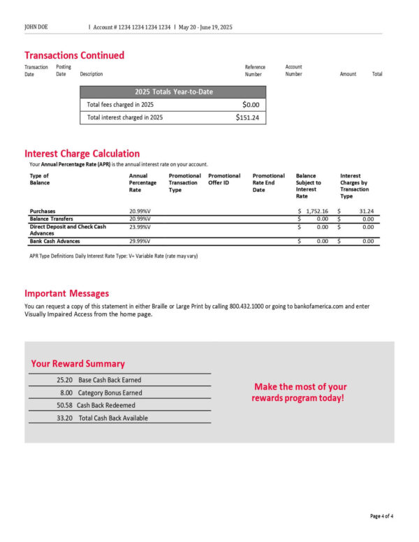 Bank of America Credit Card Statement