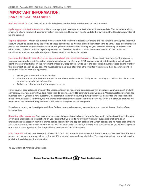 Bank of America Statement - Adv Plus Banking