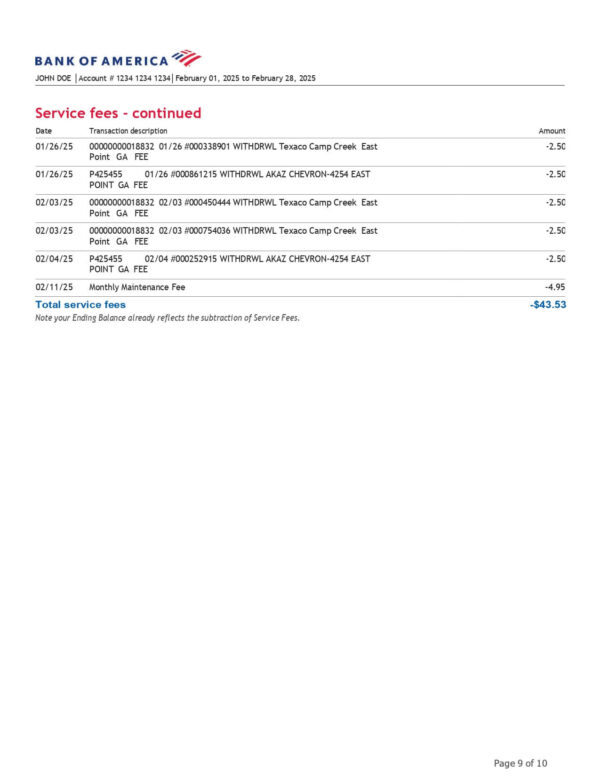 Bank of America Statement - Adv SafeBalance Banking