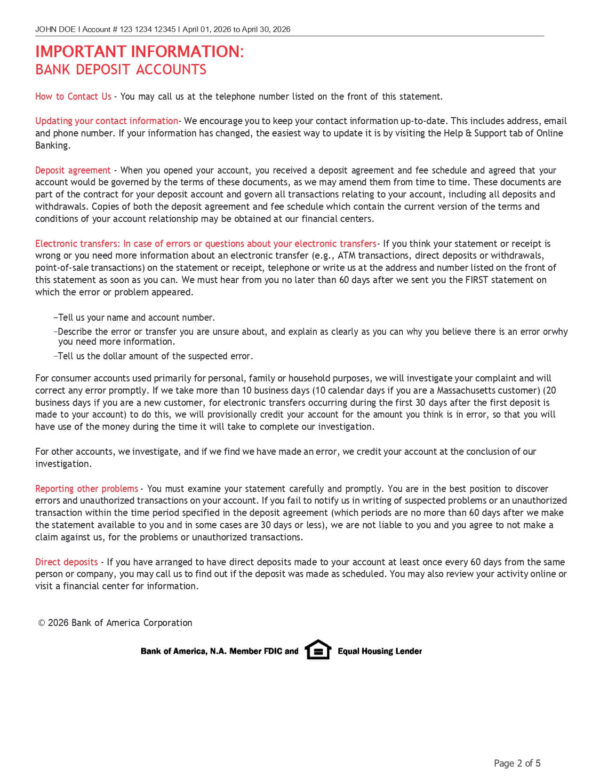 Bank of America Statement - Core Checking