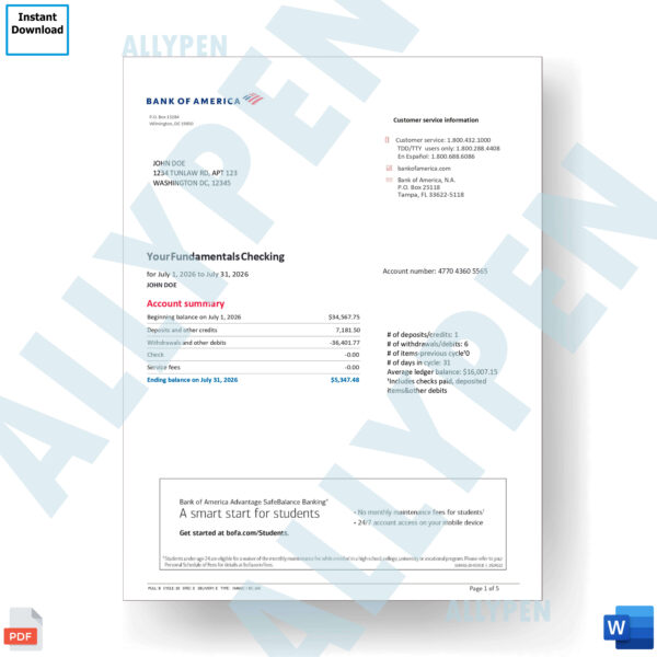 Bank of America Statement - Business Fundamentals Checking