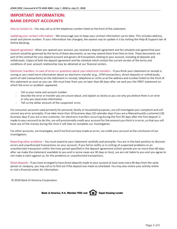 Bank of America Statement - Fundamental Checking Bank of America Fundamental Checking