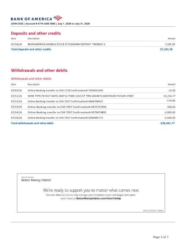 Bank of America Statement - Business Fundamentals Checking