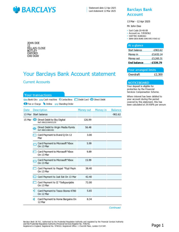 Barclays Bank Statement