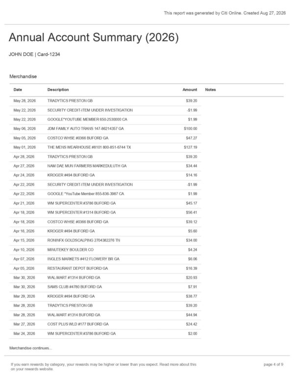 Citi Bank Annual Account Summary