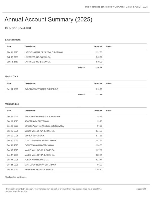 Citi Bank Annual Account Summary