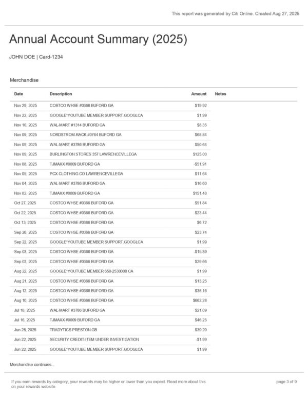 Citi Bank Annual Account Summary