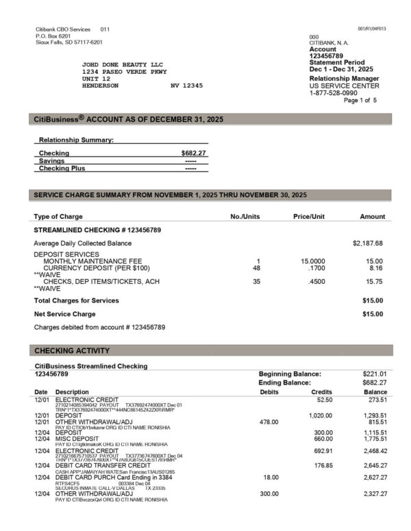 Citi Bank Statement - Business Account