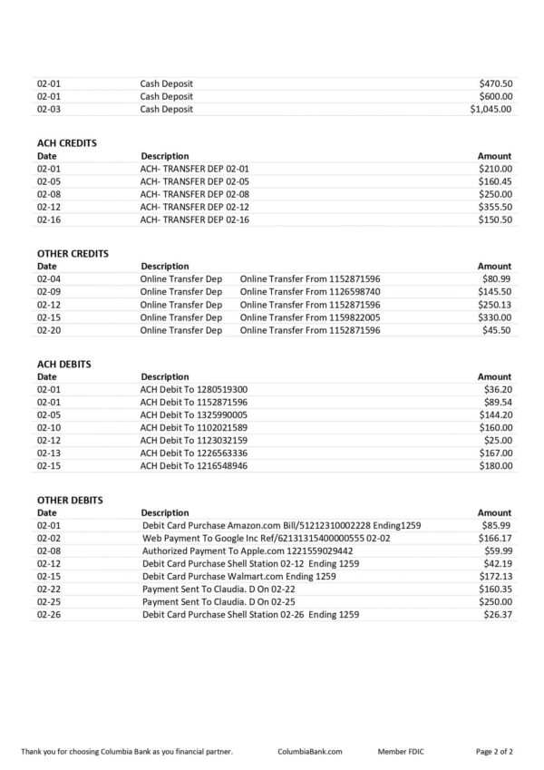 Columbia Bank Statement Columbia Bank Statement