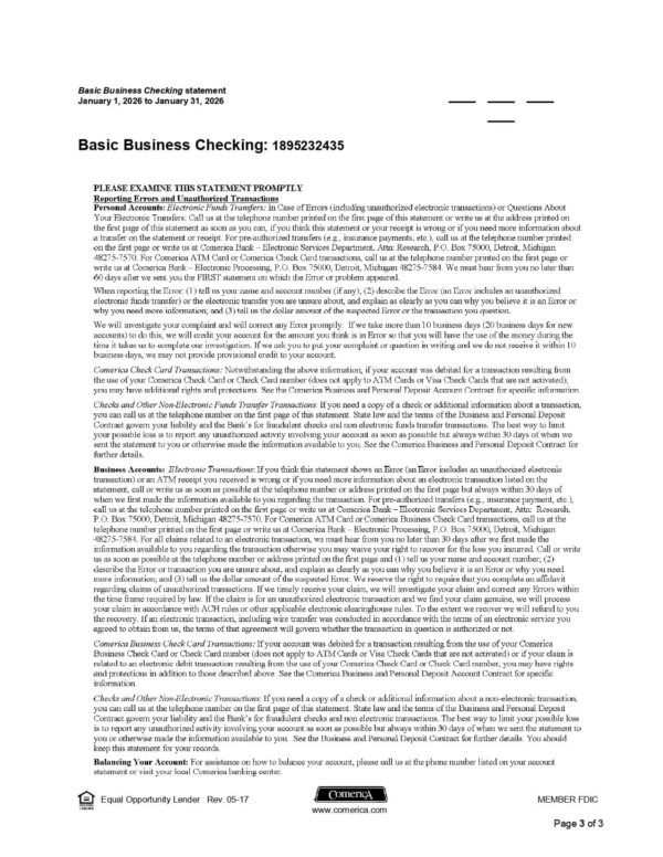 Comerica Bank Statement Comerica Bank Statement