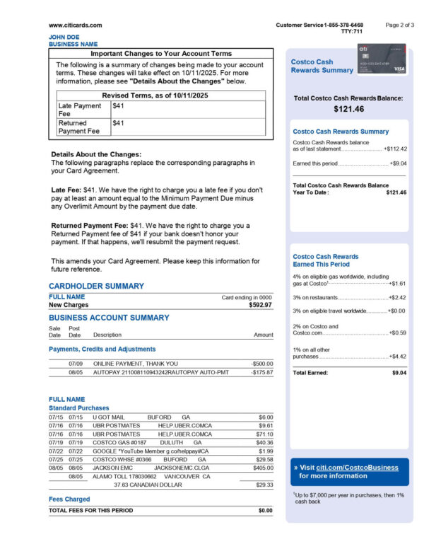 Costco Anywhere Visa Business Card By Citi Statement