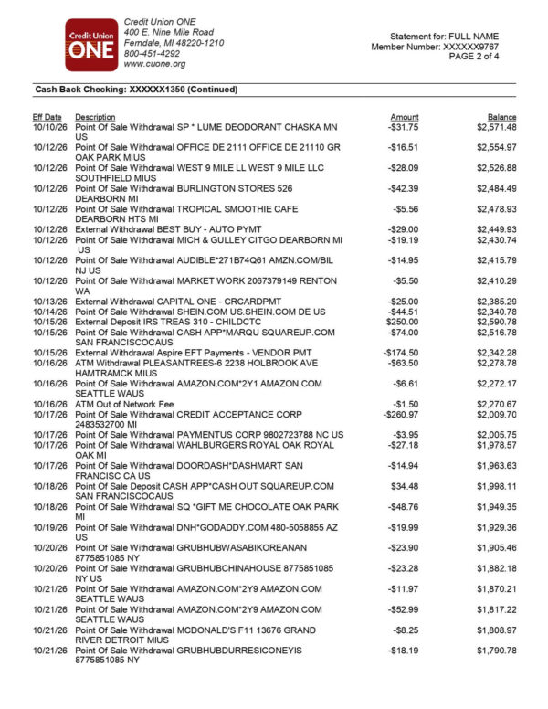 Credit Union One Statement Credit Union One Statement