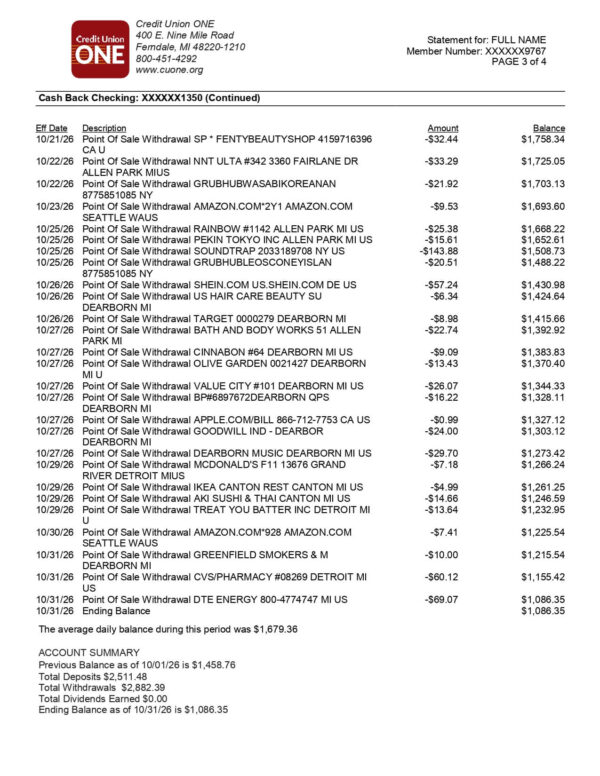 Credit Union One Statement Credit Union One Statement