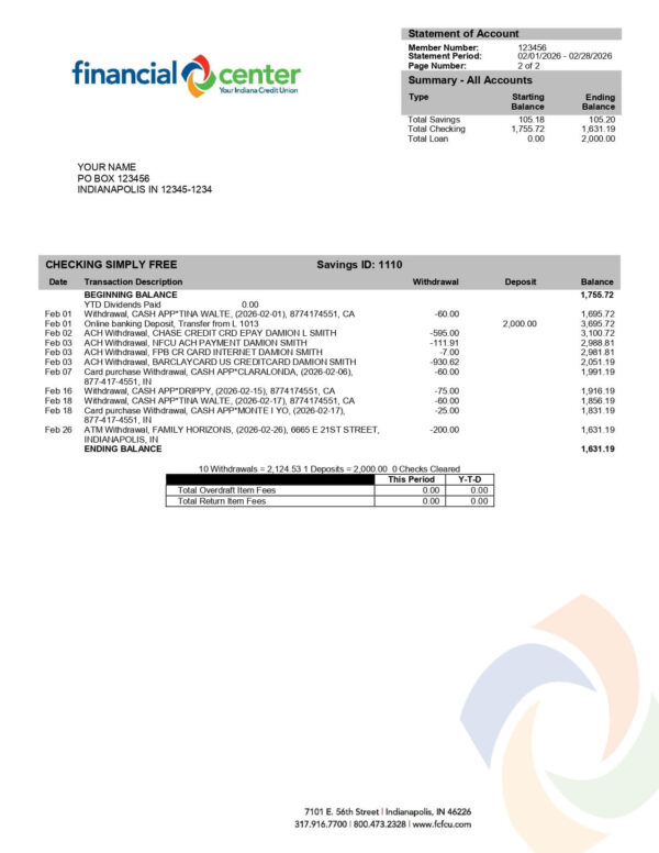 Financial Center Indiana Credit Union Statement