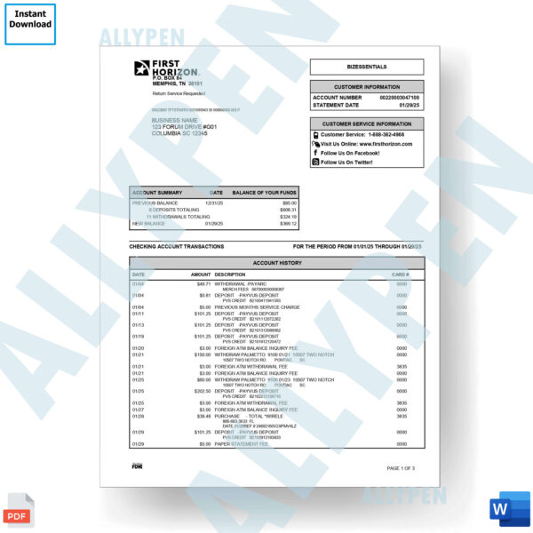 First Horizon Bank Statement