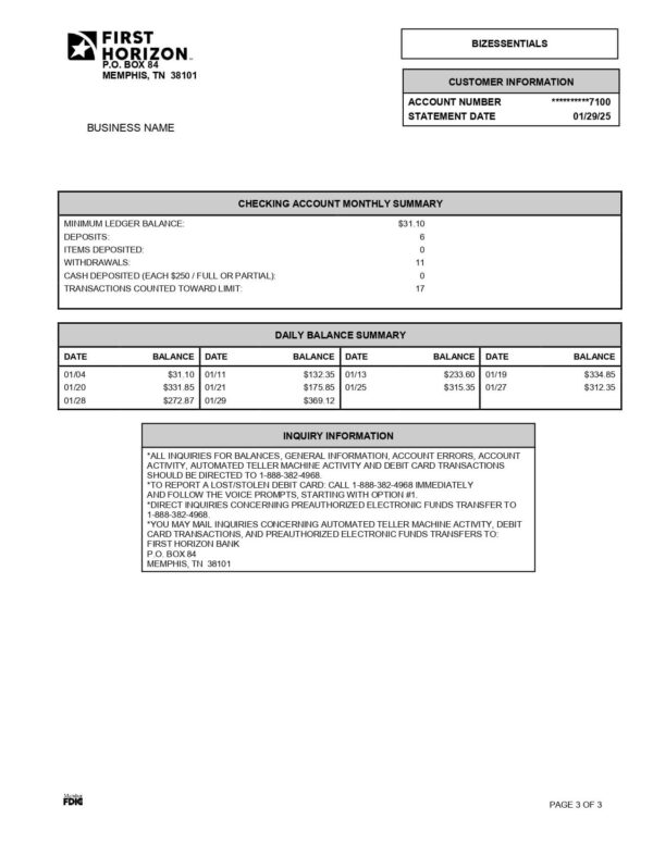 First Horizon Bank Statement