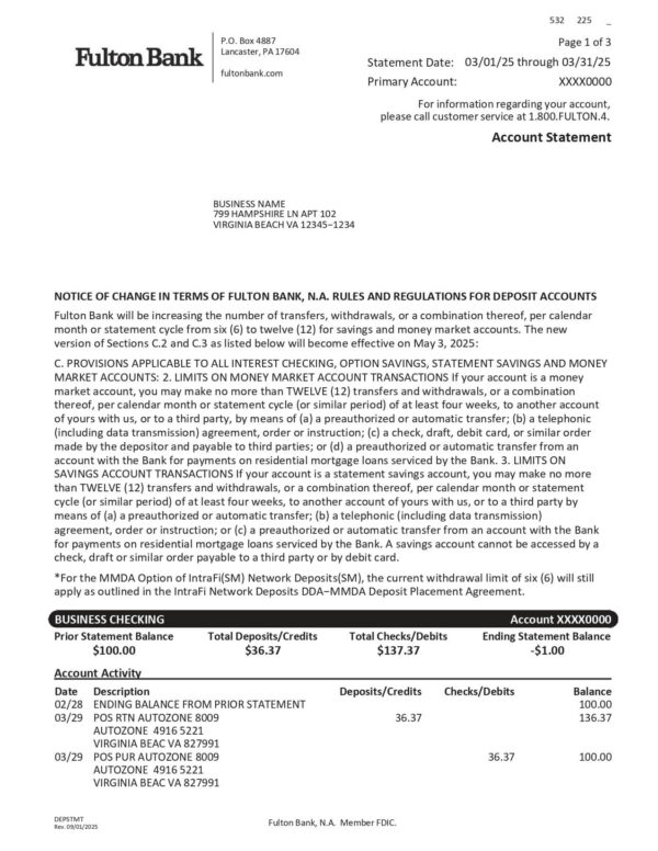 Fulton Bank Statement