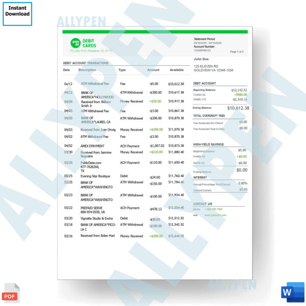 Green Dot Bank Statement