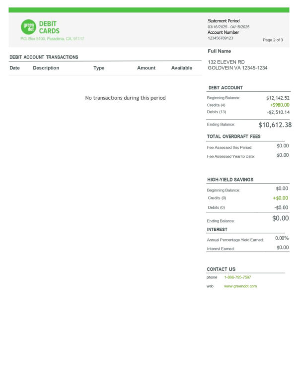 Green Dot Bank Statement