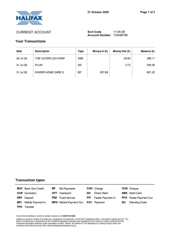 Halifax Bank Statement