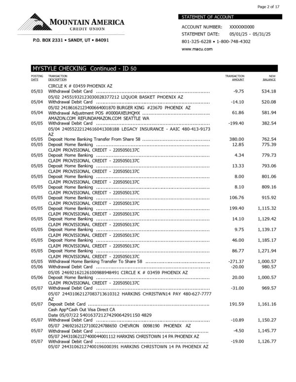 Mountain America Credit Union Statement