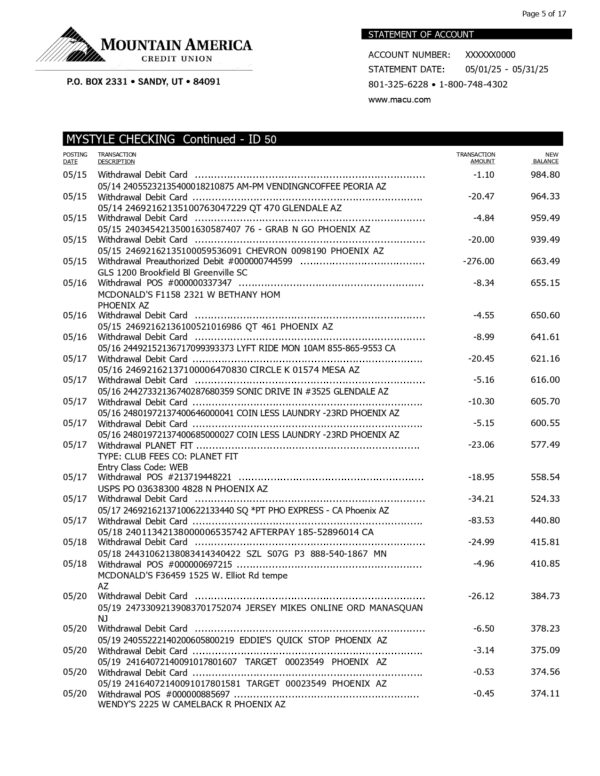 Mountain America Credit Union Statement