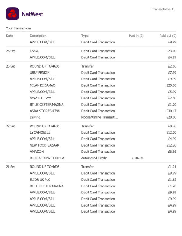 Natwest Bank Statement