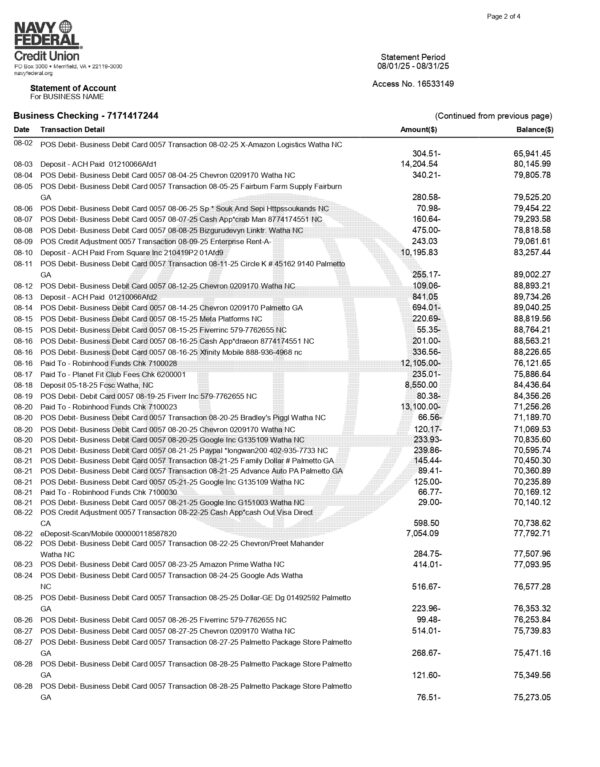 Navy Federal Credit Union Bank Statement - Business