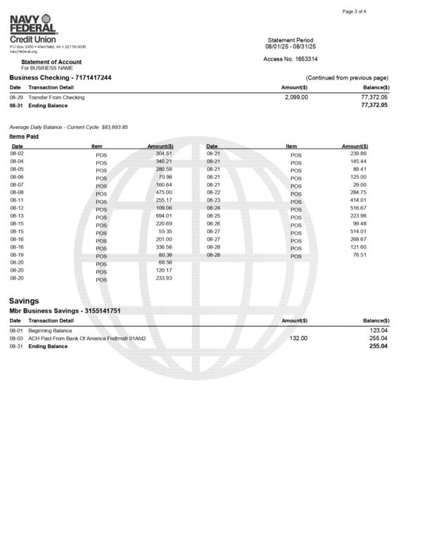 Navy Federal Credit Union Bank Statement - Business