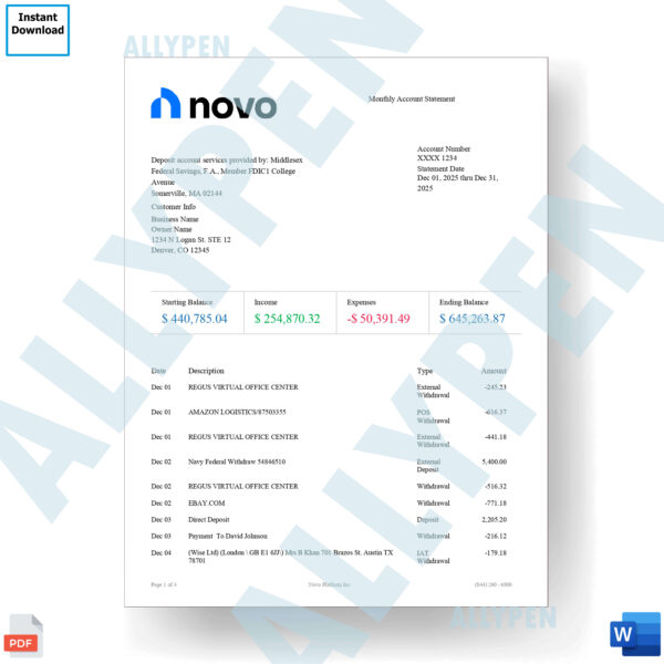 Novo Bank Statement