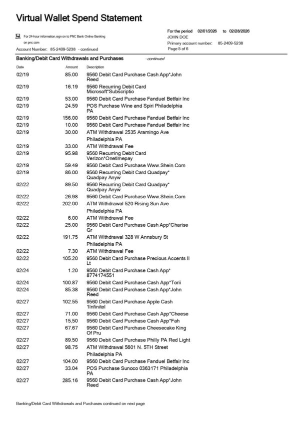 PNC Bank Statement - Virtual Wallet Spend Statement