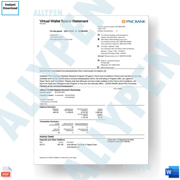 PNC Bank Statement - Virtual Wallet Spend Statement