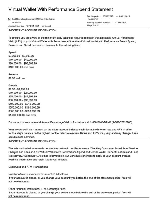 PNC Bank Statement - Virtual Wallet With Performance Spend