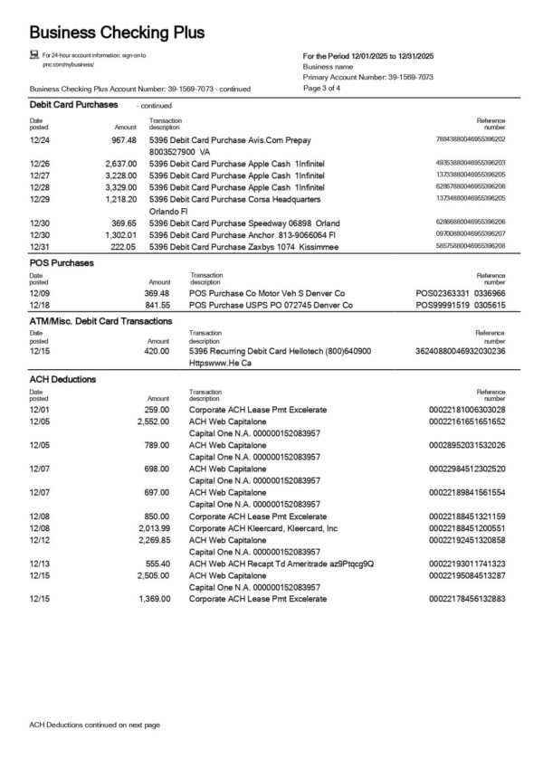 PNC Bank Statement - Business Checking Plus