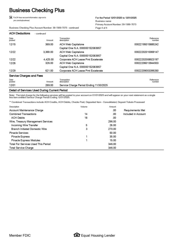 PNC Bank Statement - Business Checking Plus