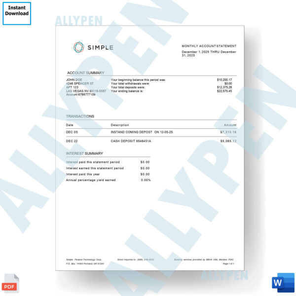 Simple Finance Technology Corp Bank Statement