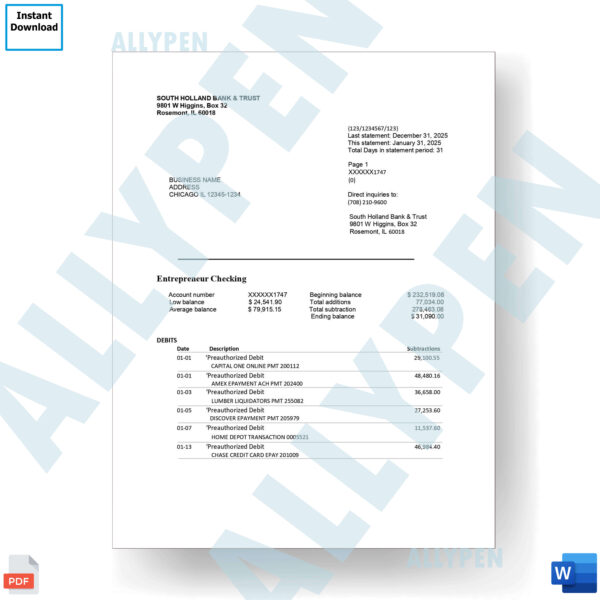 South Holland Bank and Trust Statement