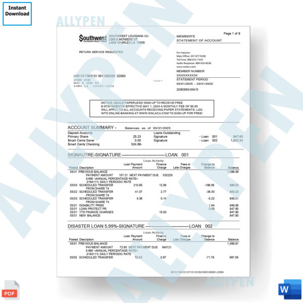 SouthWest Louisiana Credit Union Statement