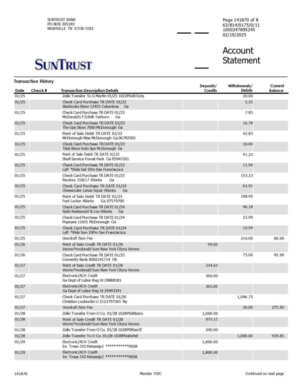 SunTrust Bank Statement