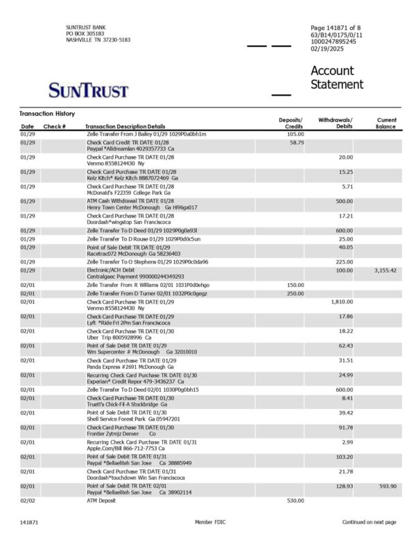 SunTrust Bank Statement