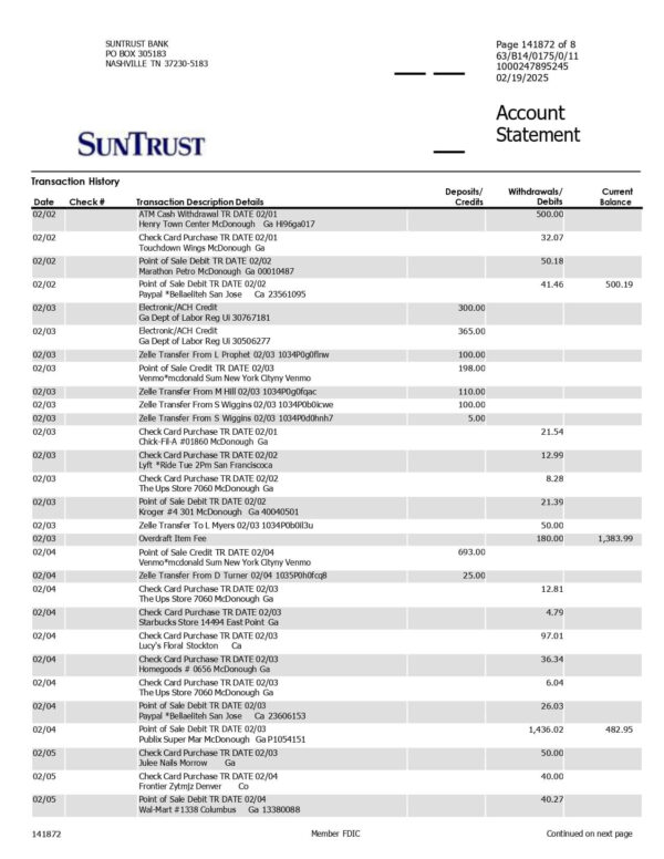 SunTrust Bank Statement